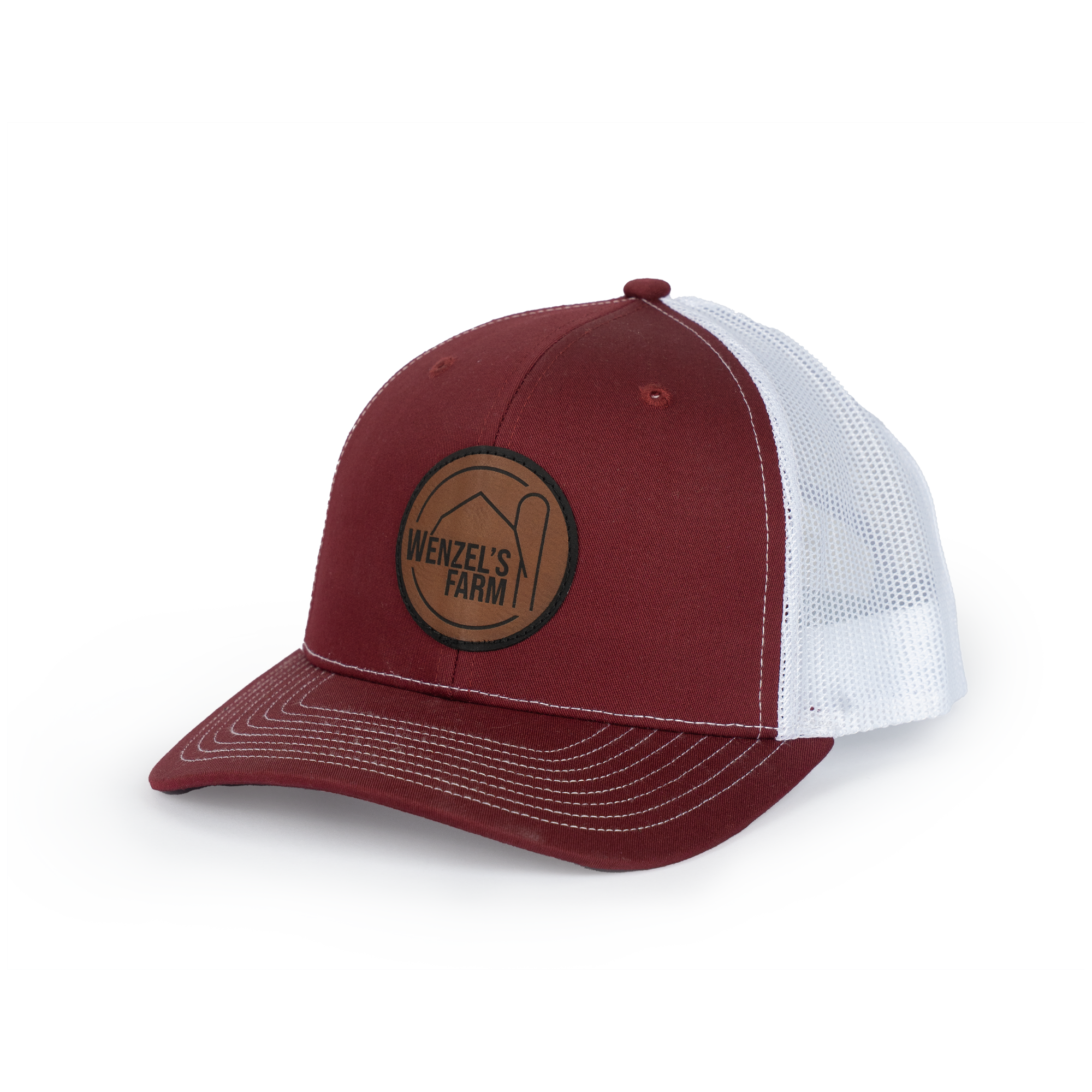 Red and White Mesh Snap Back Leather Patch Logo Hat – Wenzel's Farm Red and White Mesh Snap Back Leather Patch Logo Hat – Wenzel's Farm
