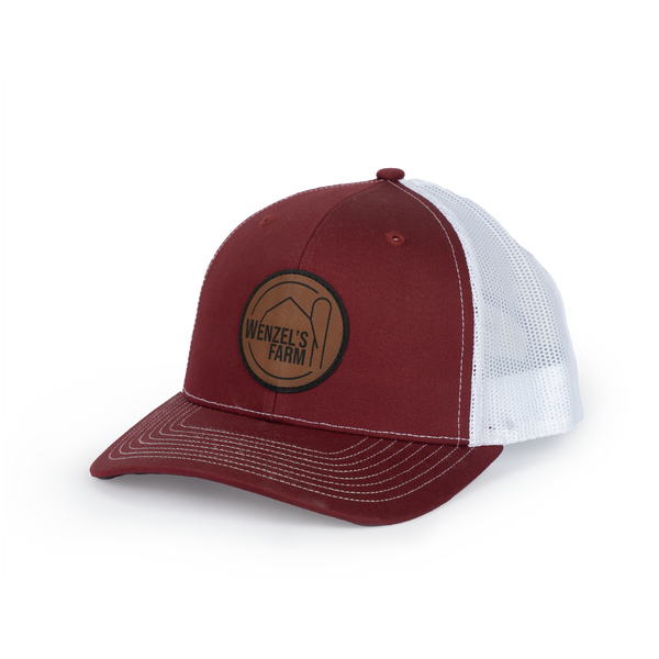 Red and White Mesh Snap Back Leather Patch Logo Hat – Wenzel's Farm